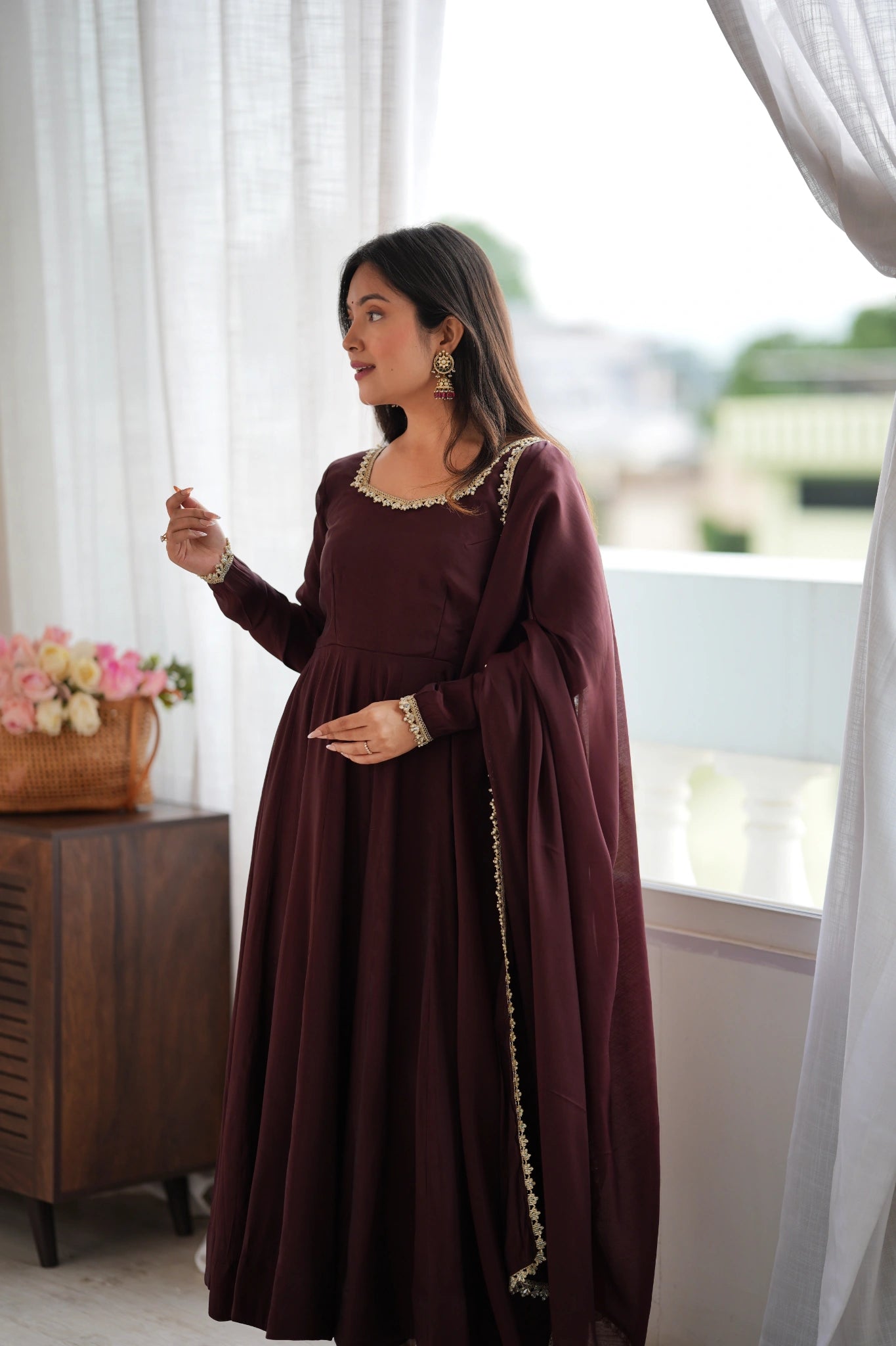 Dark Brown Handwork Suit worn with gold lace border dupatta